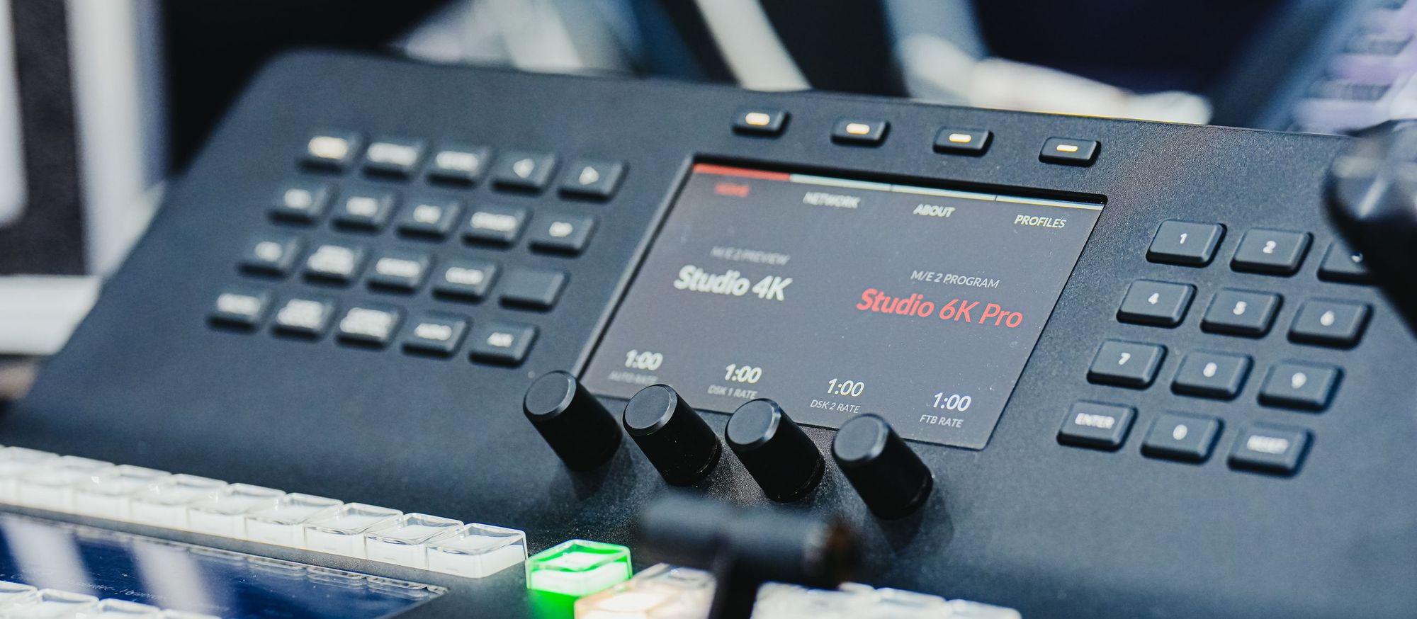 Close-up of a broadcast production switcher control surface